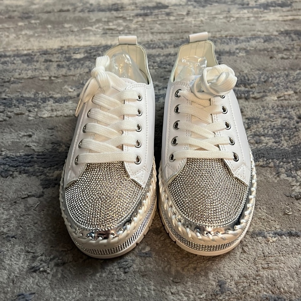 Bedazzled faux leather white shoe
